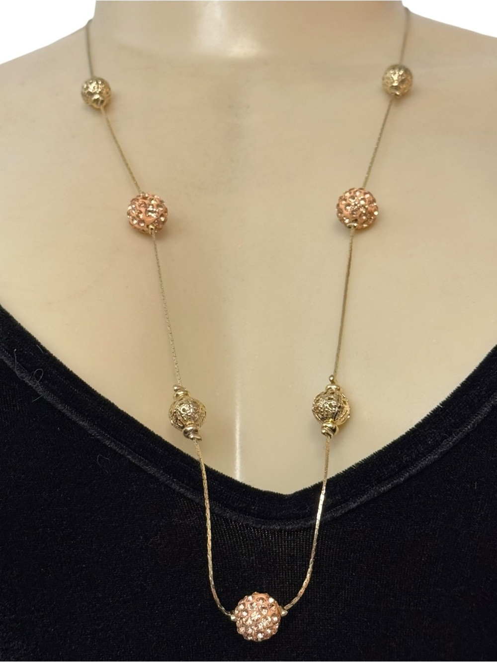 Monet Delicate Gold‎ Station Necklace with Rose Pave Crystal Sphere Beads